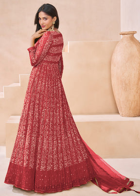 3 Pc Red Semi Stitched Georgette Suit Set