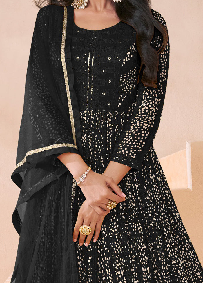 3 Pc Black Semi Stitched Georgette Suit Set