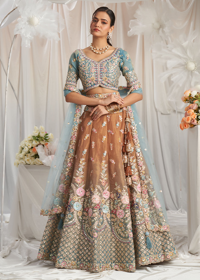 3 Pc Brown Silk Semi Stitched Lehenga Set