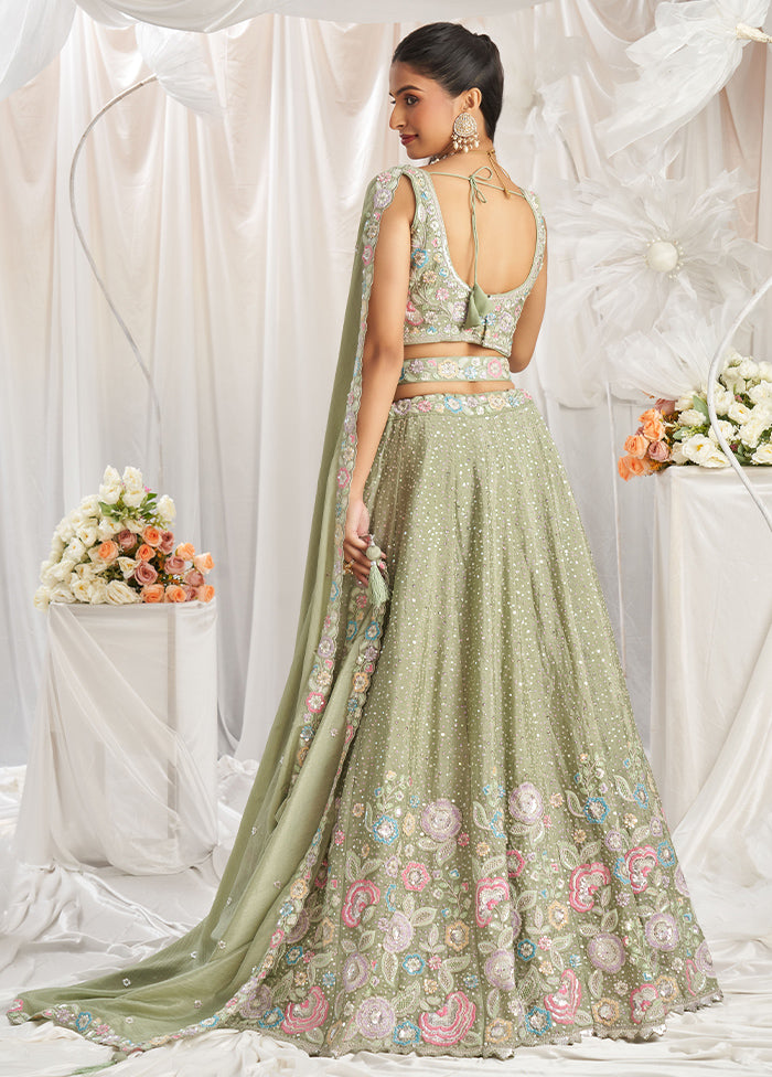 3 Pc Pista Green Silk Semi Stitched Lehenga Set