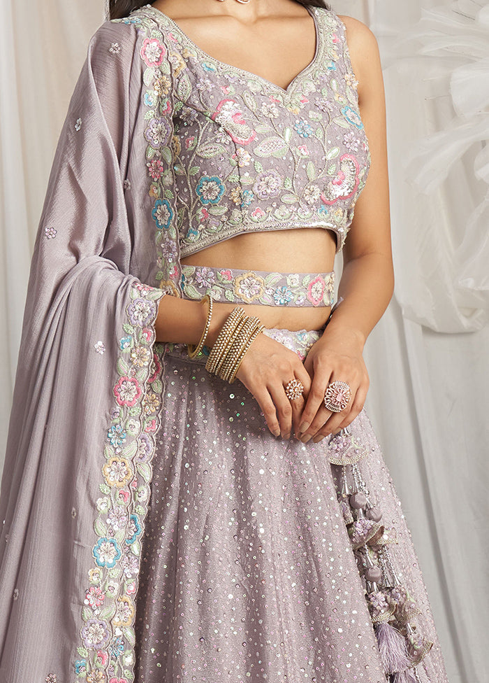 3 Pc Mauve Silk Semi Stitched Lehenga Set