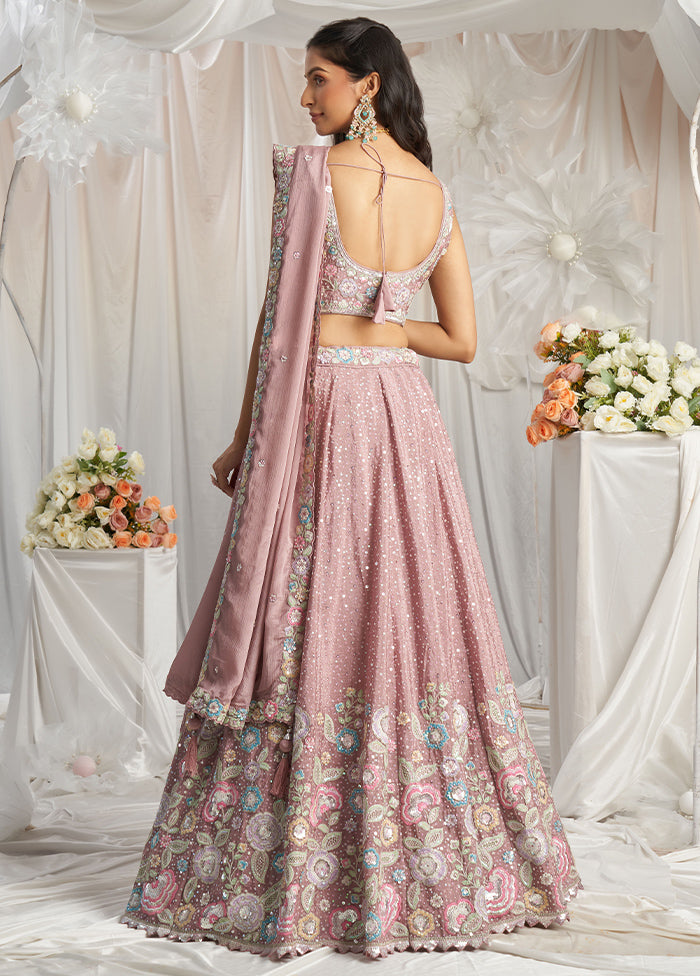 3 Pc Pink Silk Semi Stitched Lehenga Set