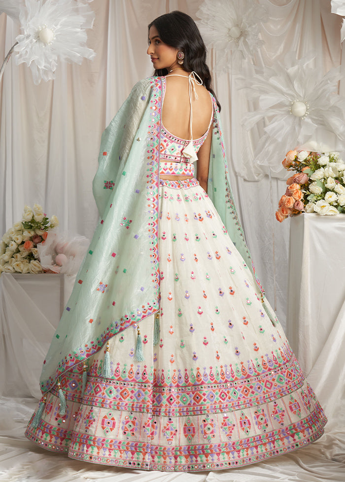 3 Pc Cream Net Semi Stitched Lehenga Set