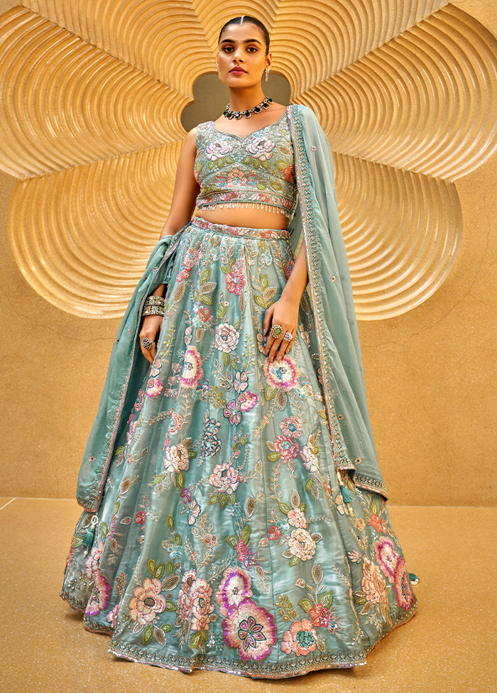 3 Pc Sea Green Net Semi Stitched Lehenga Set