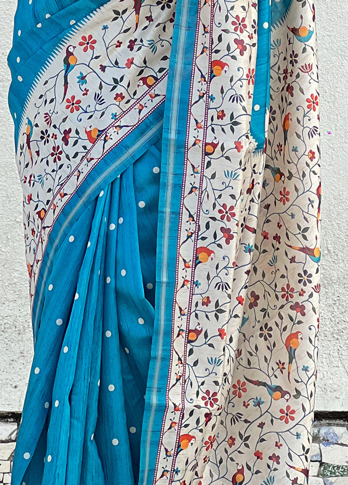 Turquoise Spun Silk Saree With Blouse Piece