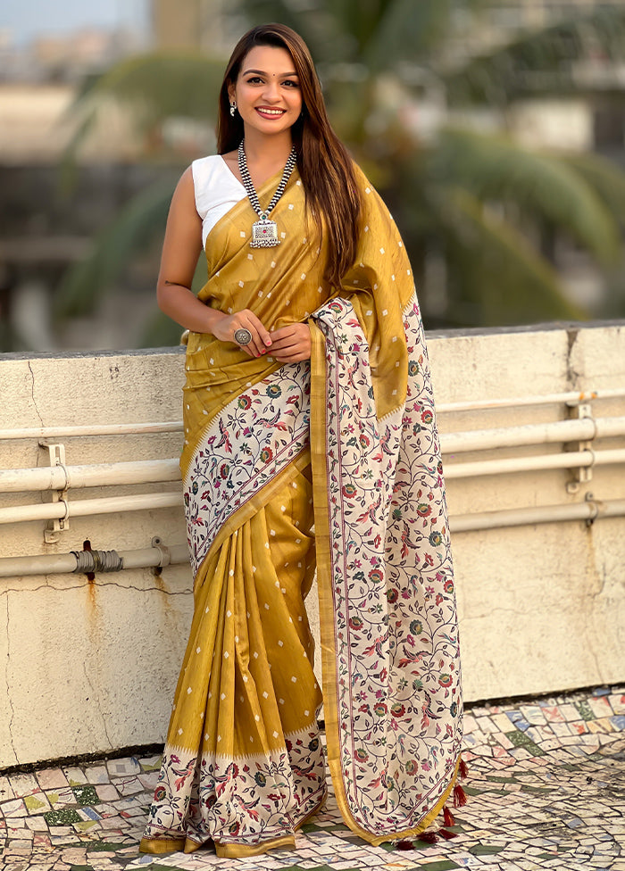 Mustard Spun Silk Saree With Blouse Piece