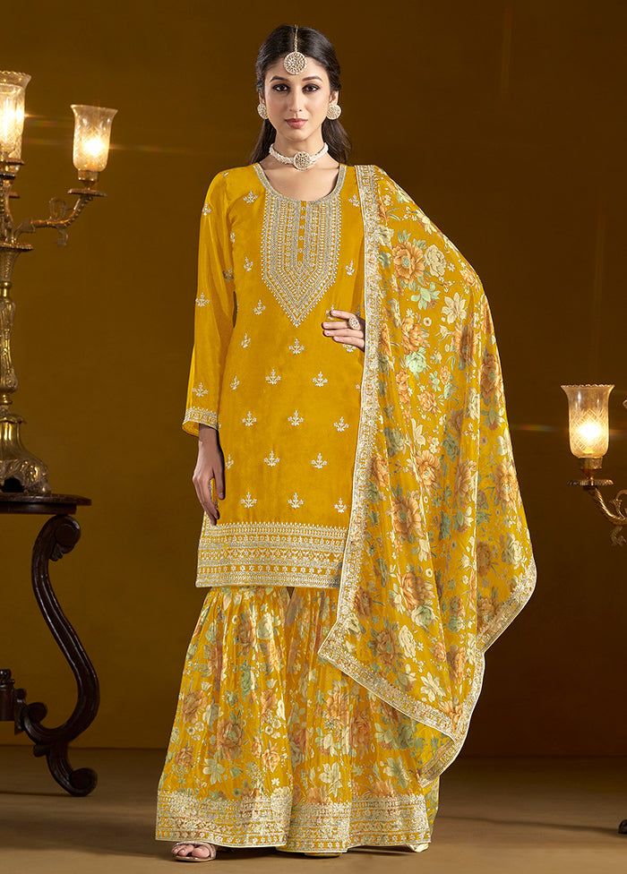 3 Pc Yellow Readymade Silk Dupatta Suit Set