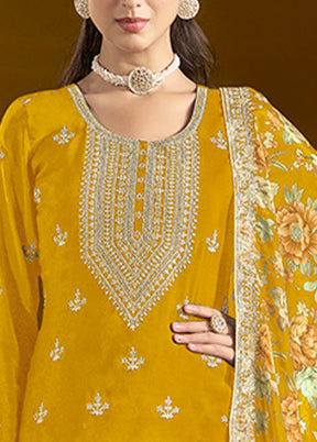 3 Pc Yellow Readymade Silk Dupatta Suit Set