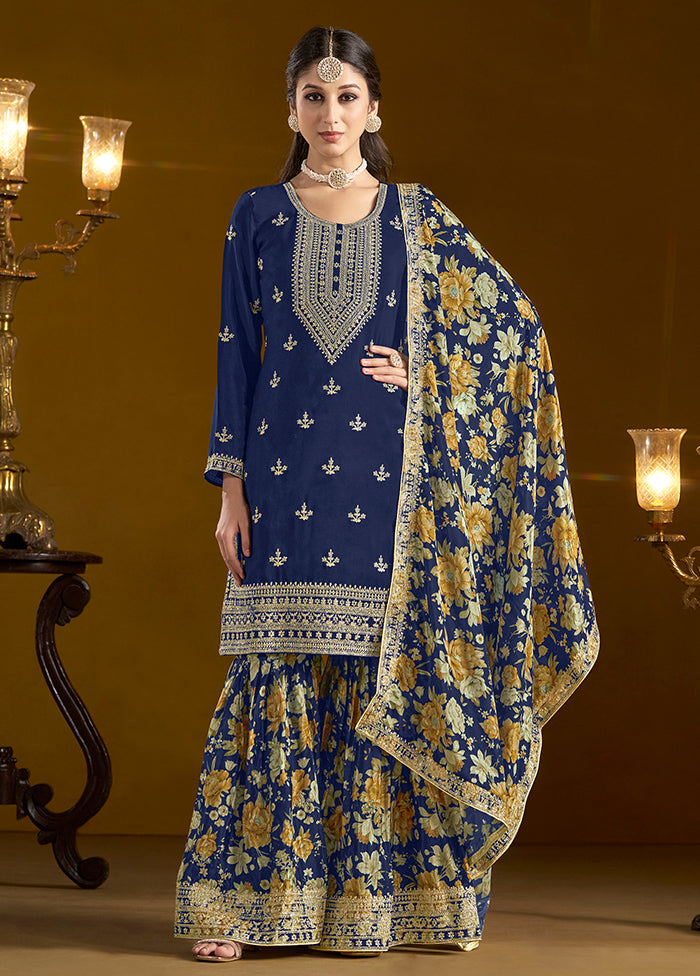 3 Pc Blue Readymade Silk Dupatta Suit Set