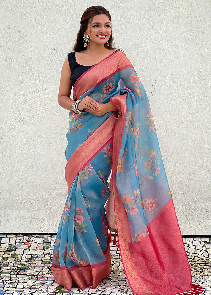 Blue Spun Silk Saree With Blouse Piece