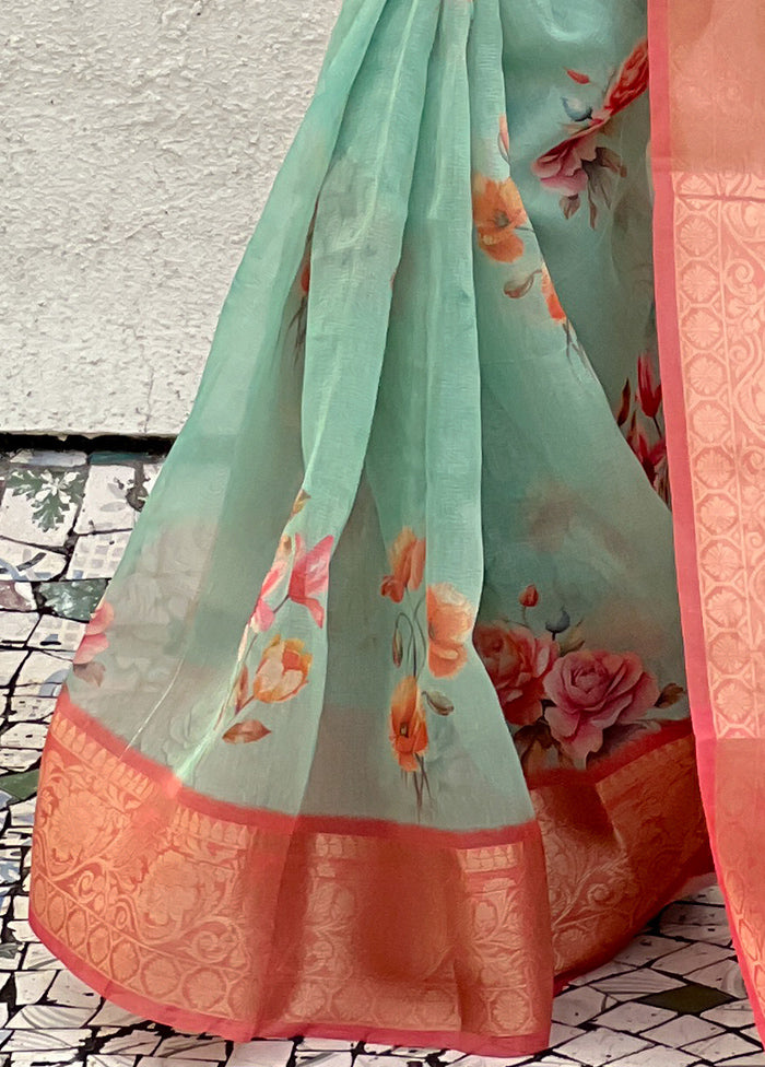 Sea Green Spun Silk Saree With Blouse Piece