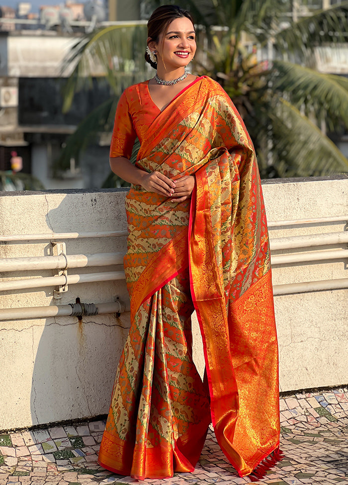 Red Dupion Silk Saree With Blouse Piece