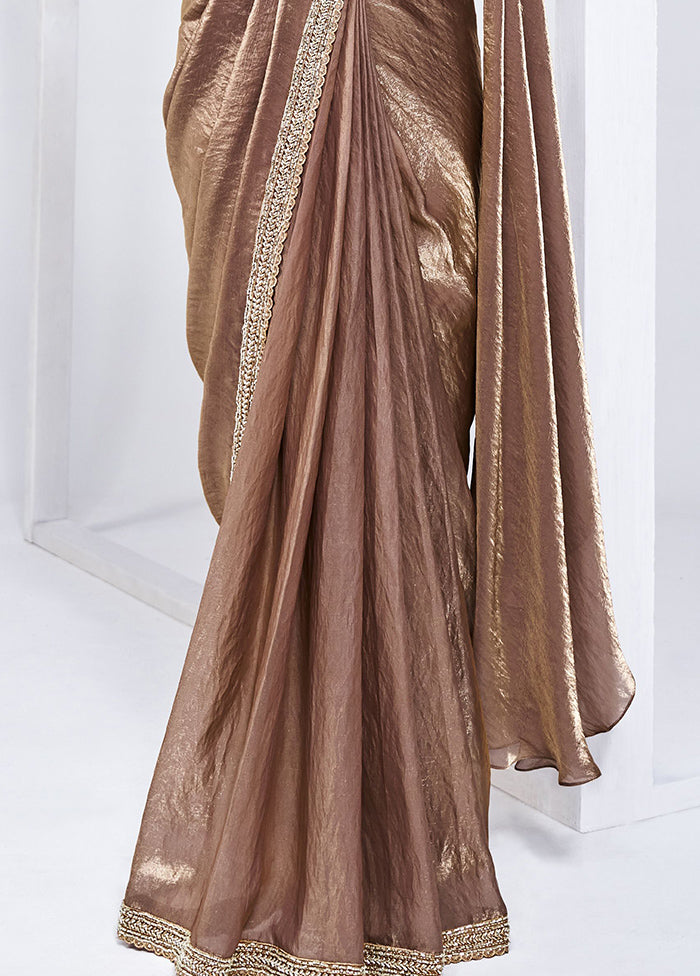 Brown Satin Silk Saree With Blouse Piece