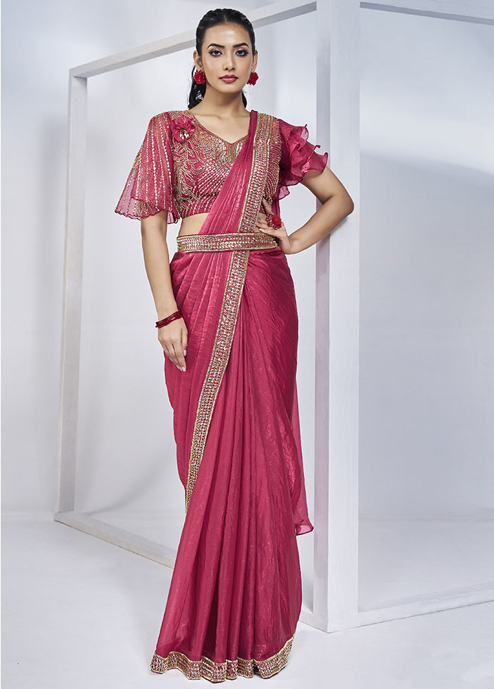 Pink Satin Silk Saree With Blouse Piece