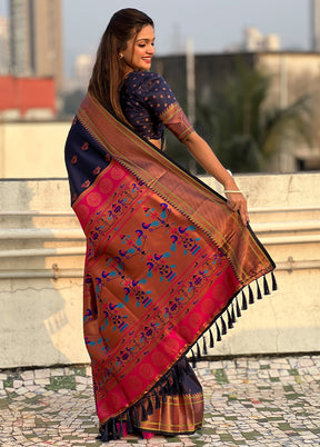 Navy Blue Spun Silk Saree With Blouse Piece