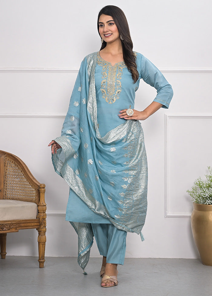 3 Pc Blue Readymade Viscose Suit Set