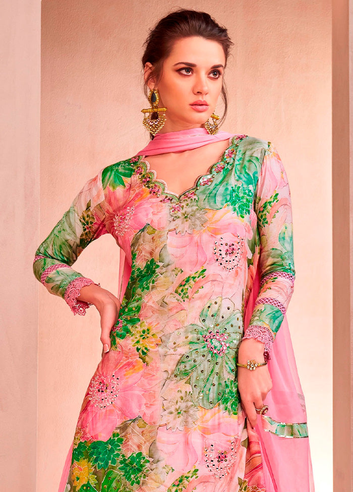 2 Pc Pink Semi Stitched Silk Suit Set