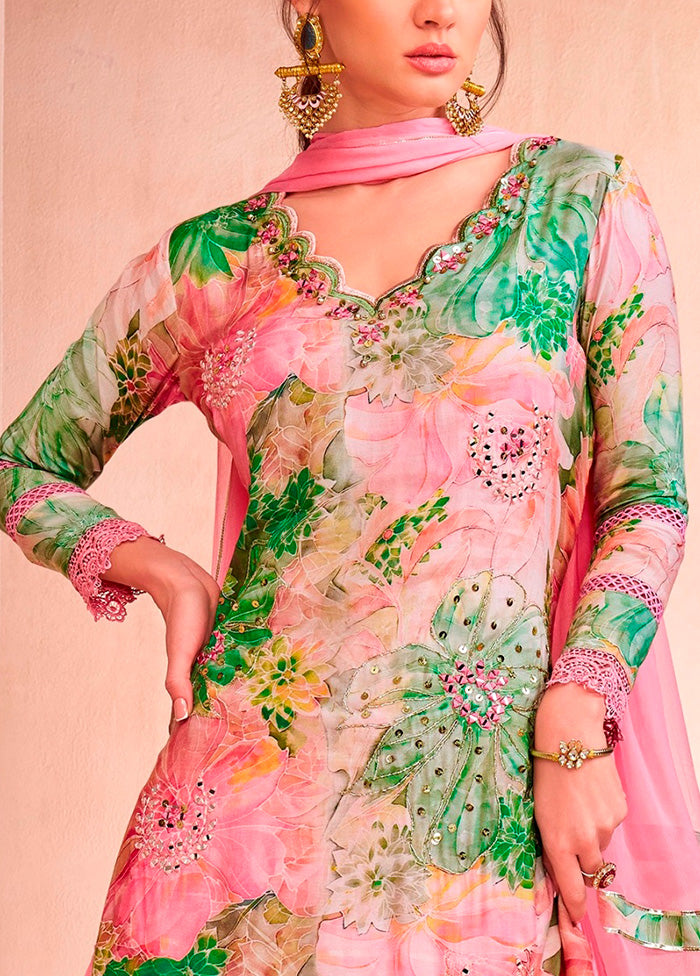 2 Pc Pink Semi Stitched Silk Suit Set