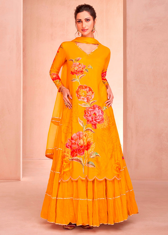 2 Pc Yellow Semi Stitched Silk Suit Set