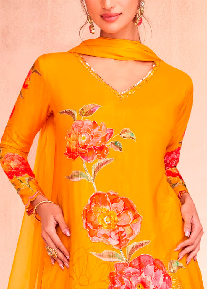 2 Pc Yellow Semi Stitched Silk Suit Set