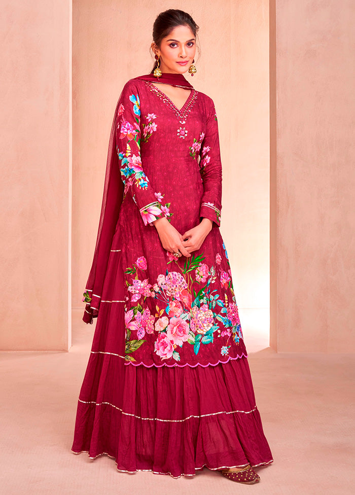 2 Pc Wine Semi Stitched Silk Suit Set