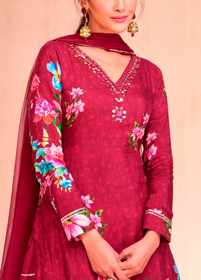 2 Pc Wine Semi Stitched Silk Suit Set