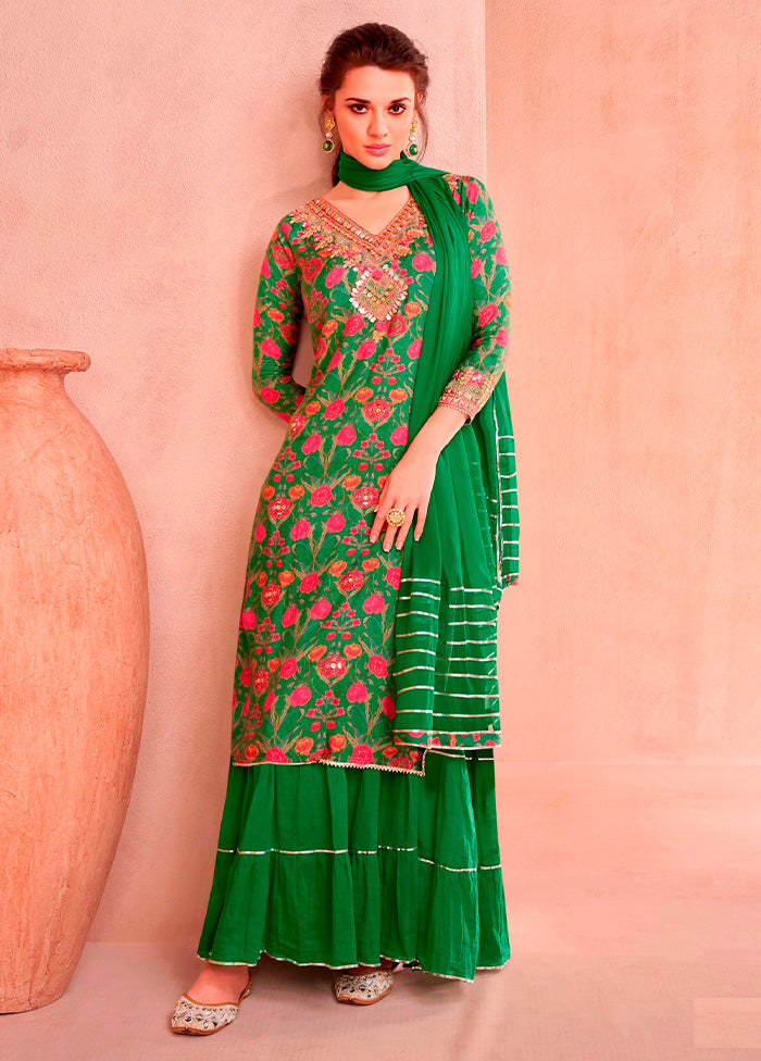 2 Pc Green Semi Stitched Silk Suit Set