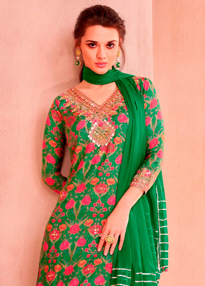 2 Pc Green Semi Stitched Silk Suit Set