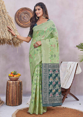 Pista Green Spun Silk Saree With Blouse Piece