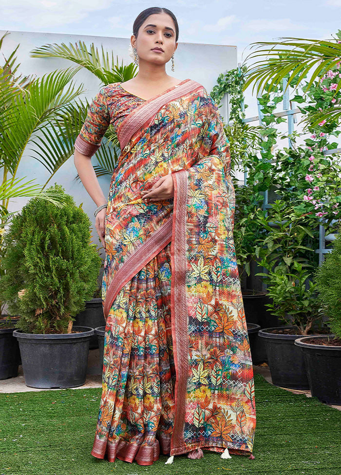 Multicolor Linen Silk Saree With Blouse Piece