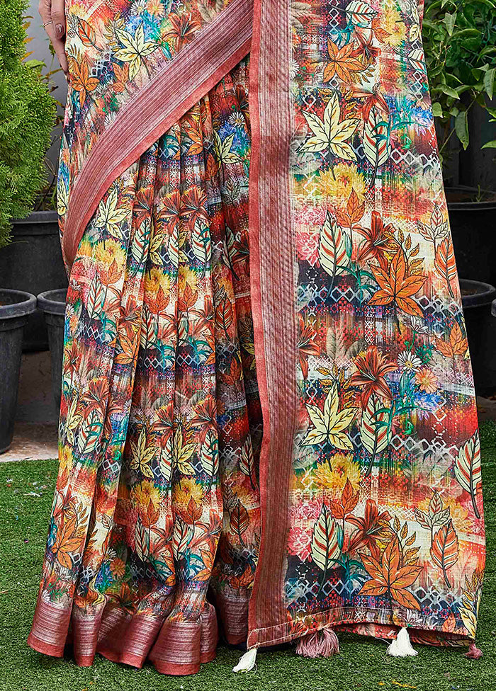 Multicolor Linen Silk Saree With Blouse Piece