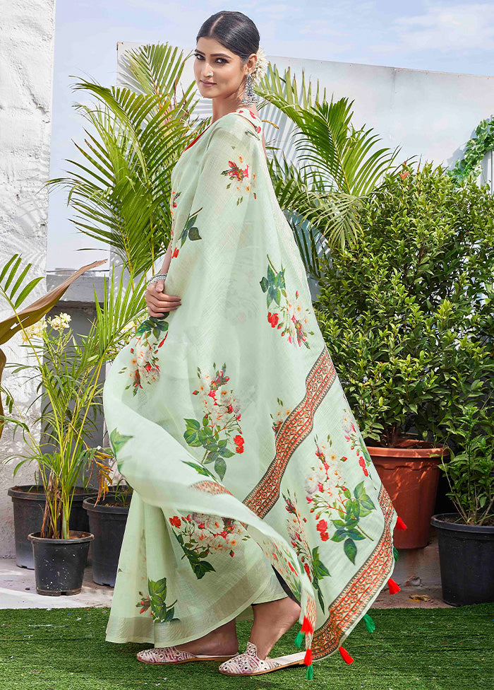 Pista Green Linen Silk Saree With Blouse Piece