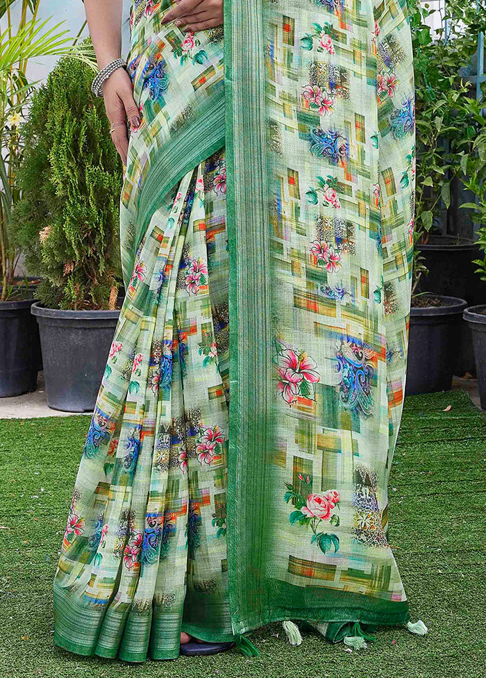 Pista Green Linen Silk Saree With Blouse Piece