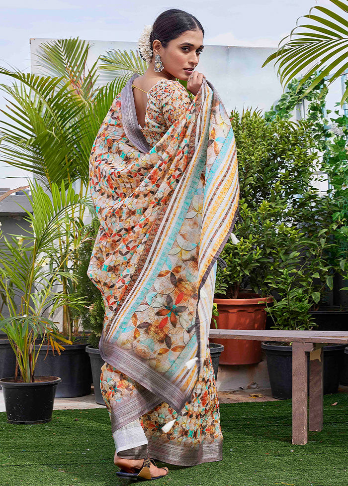 Beige Linen Silk Saree With Blouse Piece