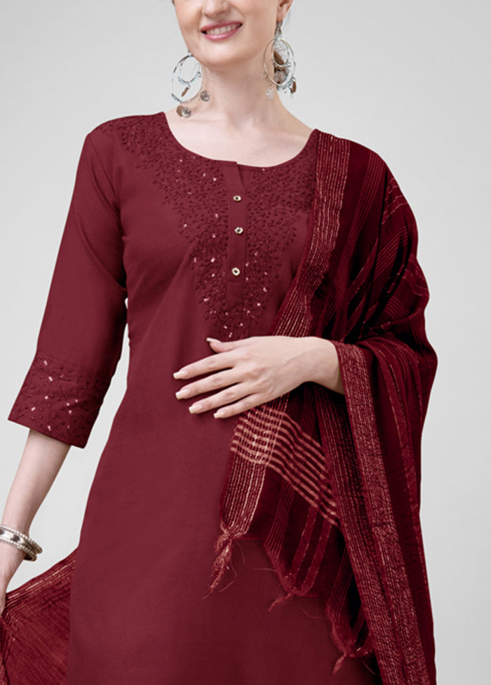 3 Pc Maroon Readymade Cotton Suit Set