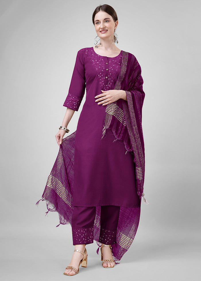 3 Pc Purple Readymade Cotton Suit Set