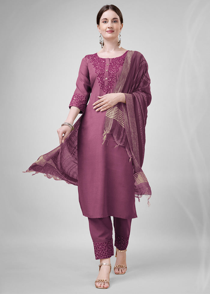 3 Pc Wine Readymade Cotton Suit Set