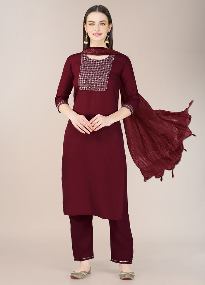 3 Pc Maroon Readymade Cotton Suit Set