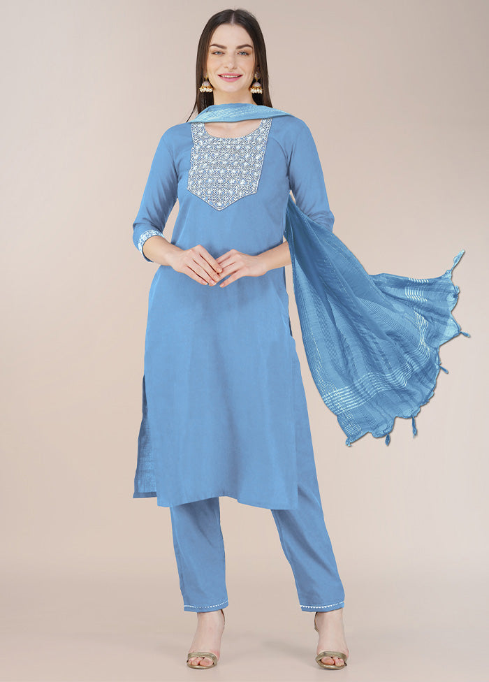 3 Pc Sky Blue Readymade Cotton Suit Set