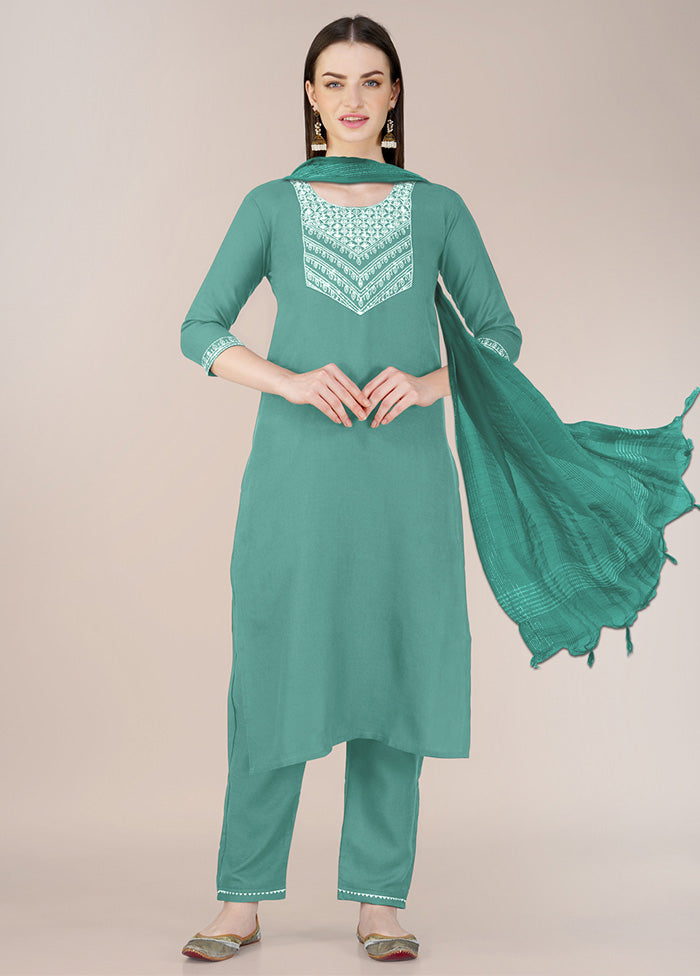 3 Pc Teal Green Readymade Cotton Suit Set