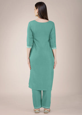 3 Pc Teal Green Readymade Cotton Suit Set