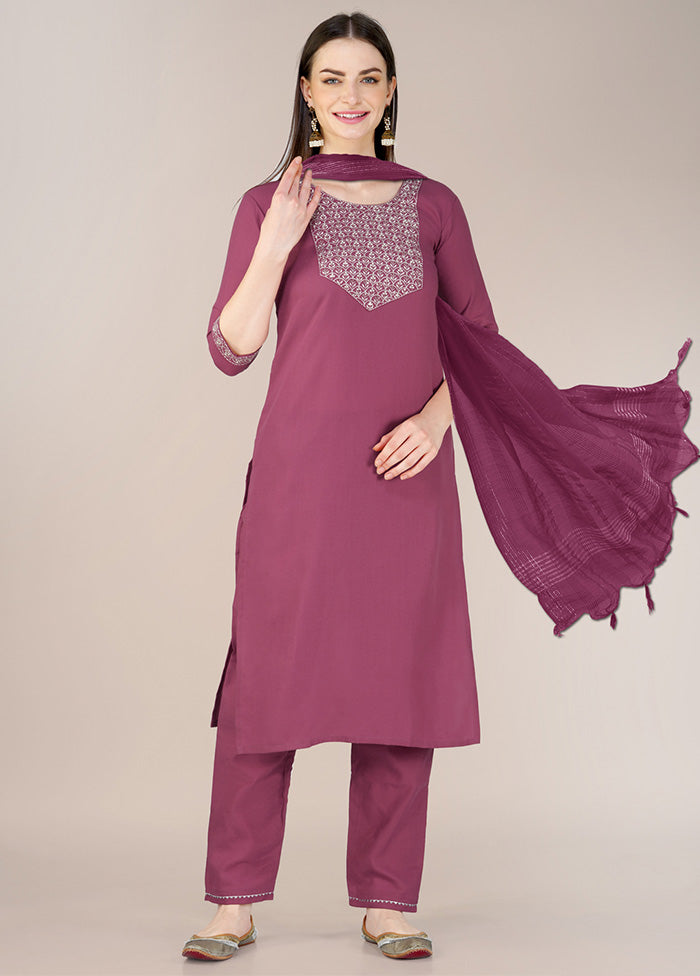 3 Pc Wine Readymade Cotton Suit Set