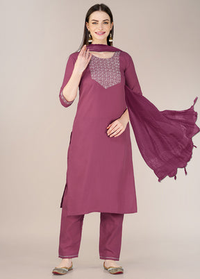 3 Pc Wine Readymade Cotton Suit Set