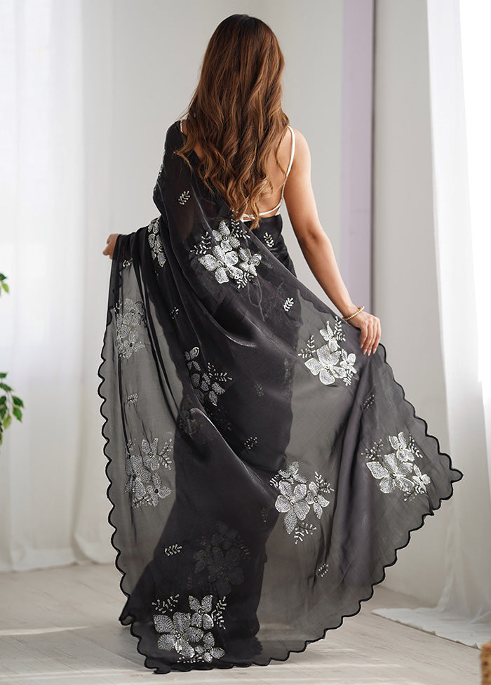 Black Spun Silk Saree With Blouse Piece