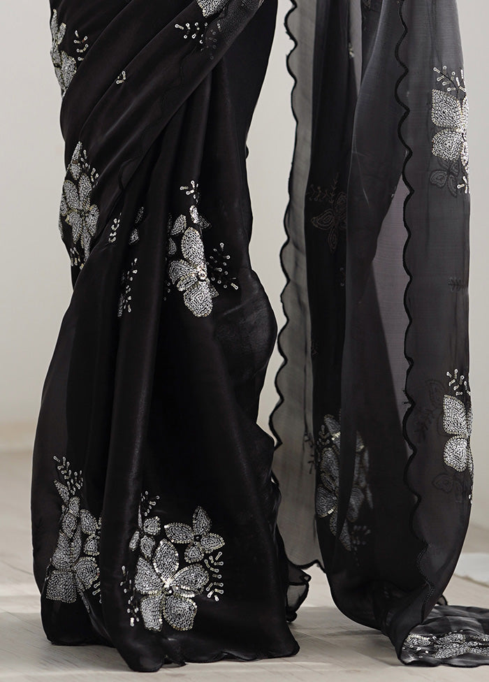 Black Spun Silk Saree With Blouse Piece