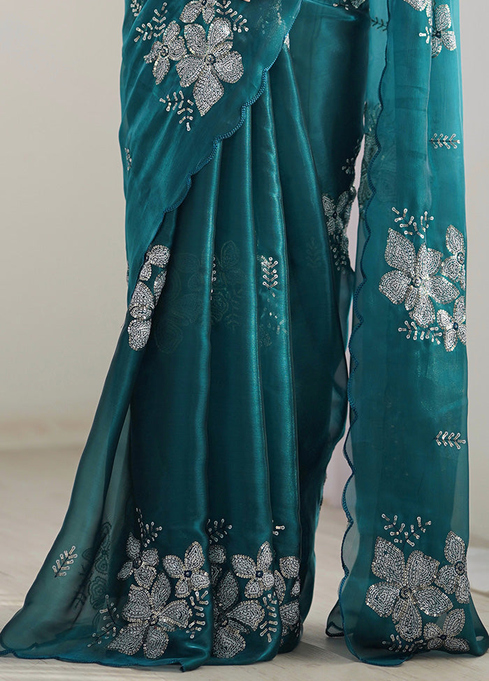 Rama Spun Silk Saree With Blouse Piece