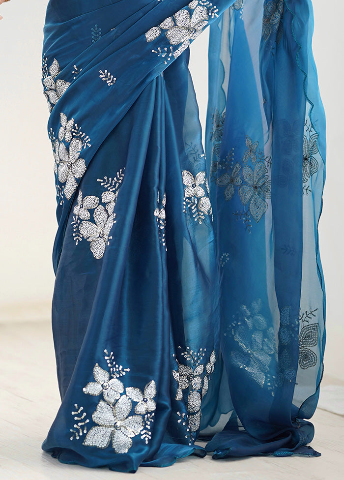 Blue Spun Silk Saree With Blouse Piece