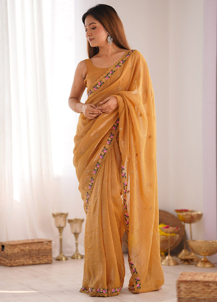 Mustard Spun Silk Saree With Blouse Piece