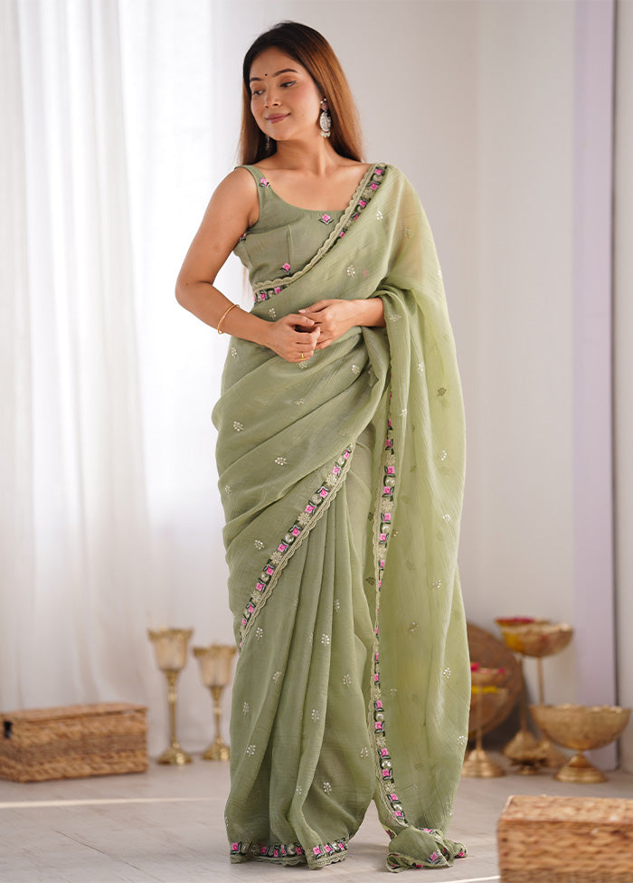 Pista Green Spun Silk Saree With Blouse Piece