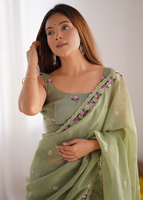 Pista Green Spun Silk Saree With Blouse Piece